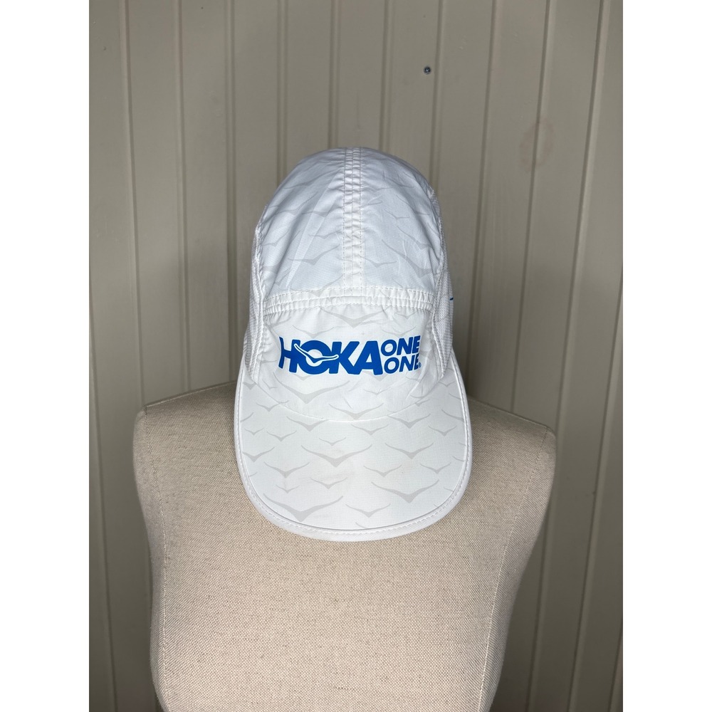Hoka One One Performance Run Hat White Blue Bird Logo Mesh Training Cap